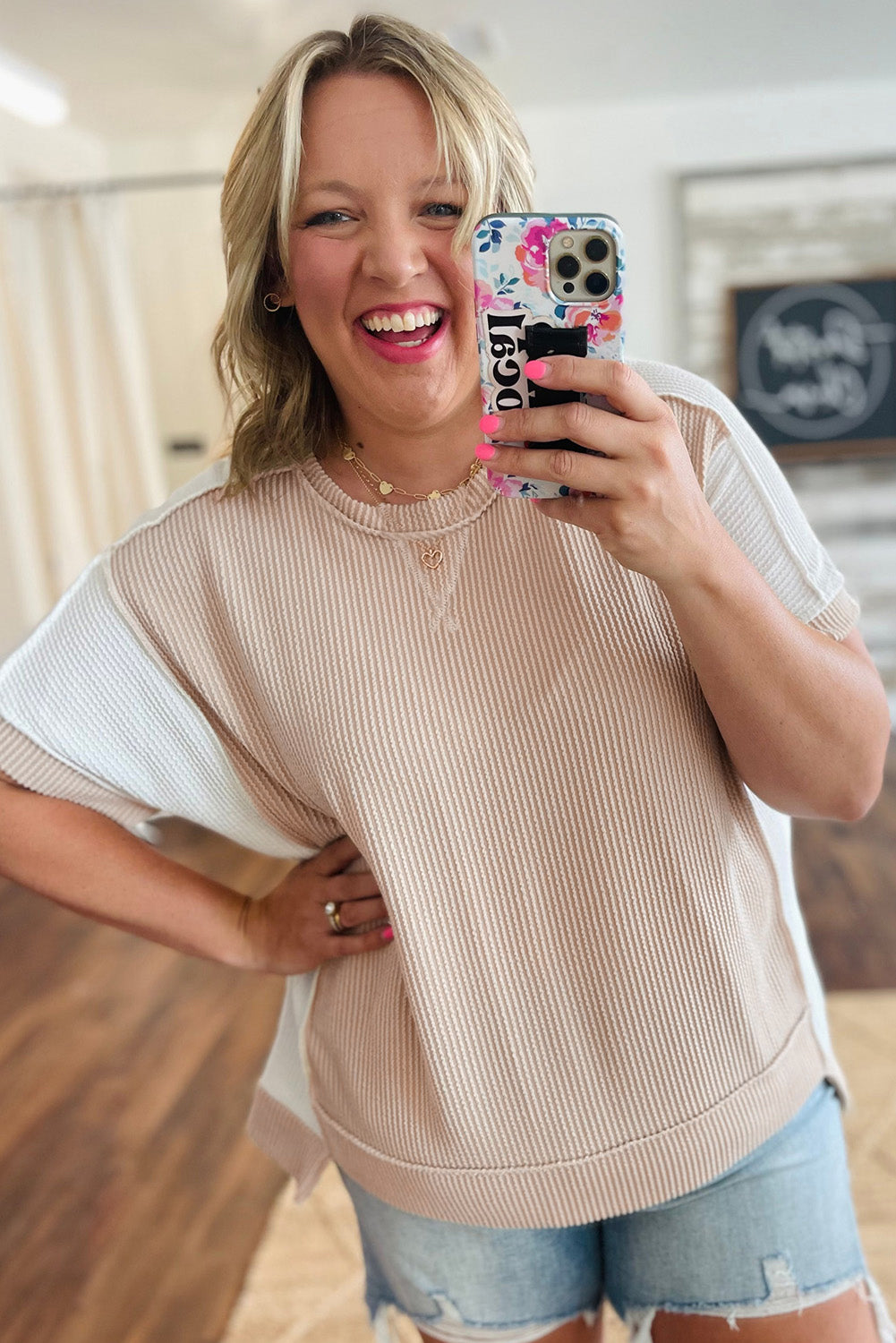 Parchment Twist Rib Colorblock Hi Low Plus Size Short Sleeve Top