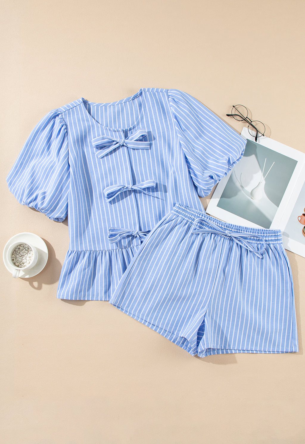Sky Blue Striped Bowknot Detail Puffy Sleeve Top and Shorts 2Pcs Set