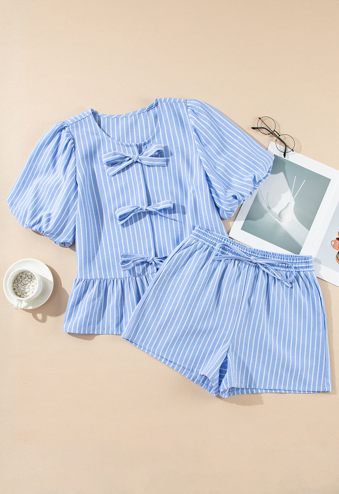 Sky Blue Striped Bowknot Detail Puffy Sleeve Top and Shorts 2Pcs Set