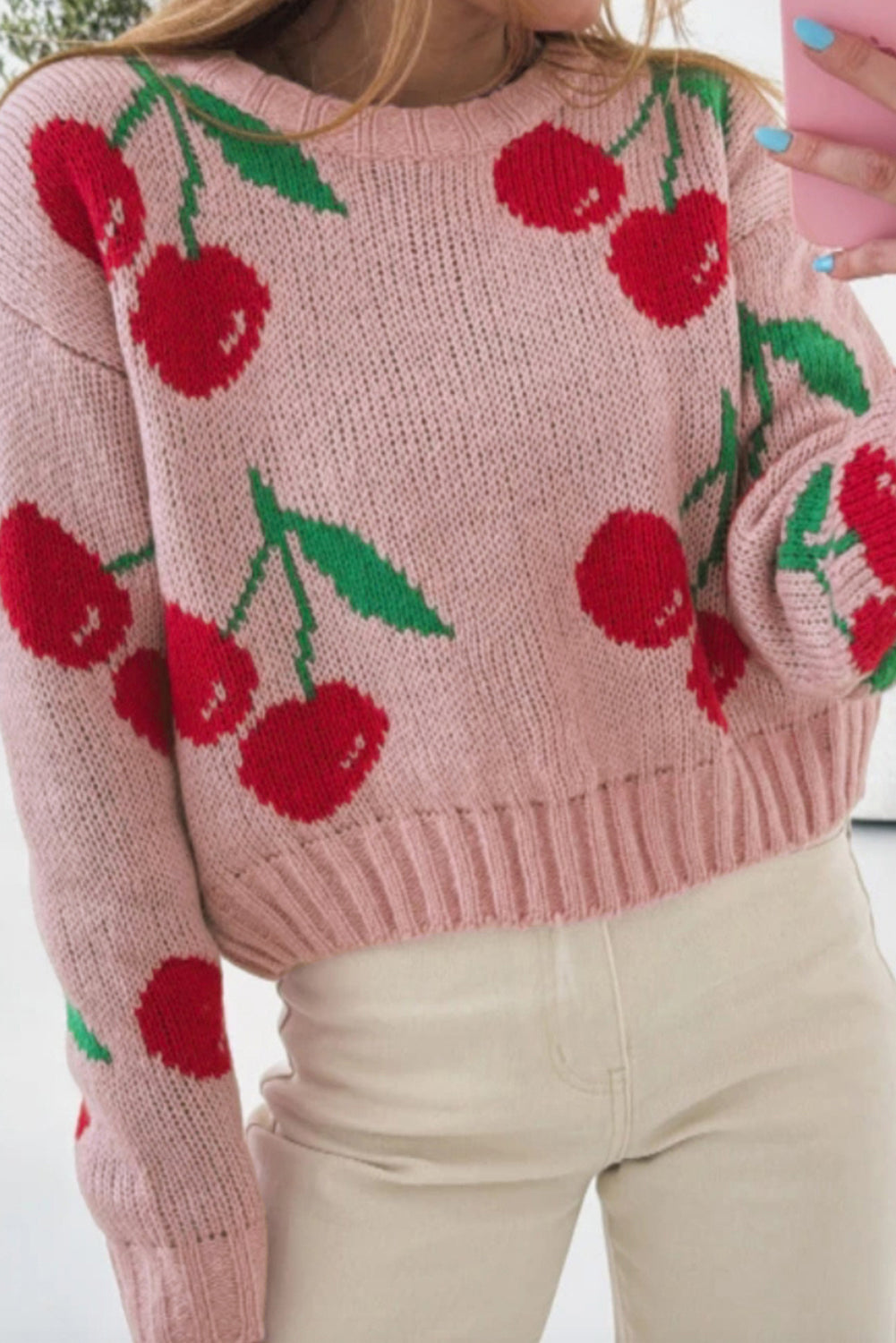 Pink Dainty Cherry Print Loose Cropped Sweater