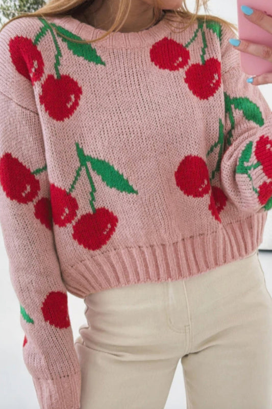 Pink Dainty Cherry Print Loose Cropped Sweater