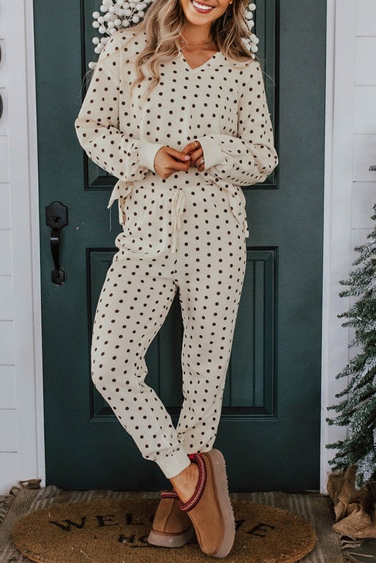 White Polka Dot Print Notched Neck Long Sleeve Top Drawstring Jogger Pants Waffle Knit Lounge Set