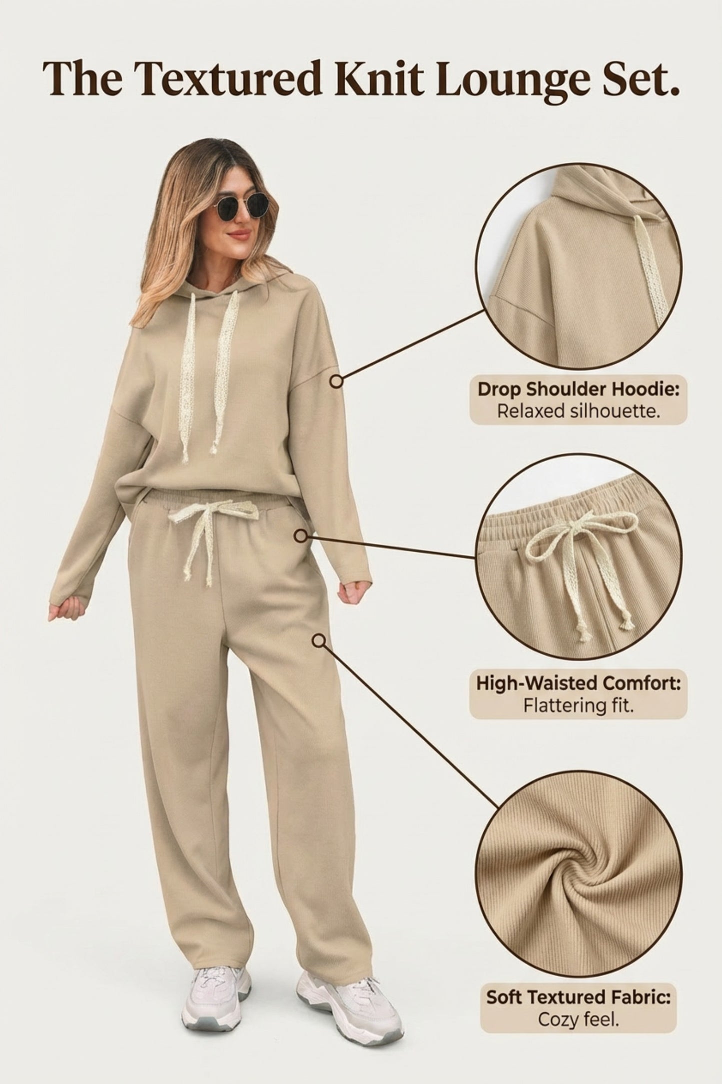 Rose Tan Lace Drawstring Pullover Hoodie and High Waist Pants Corduroy Suit
