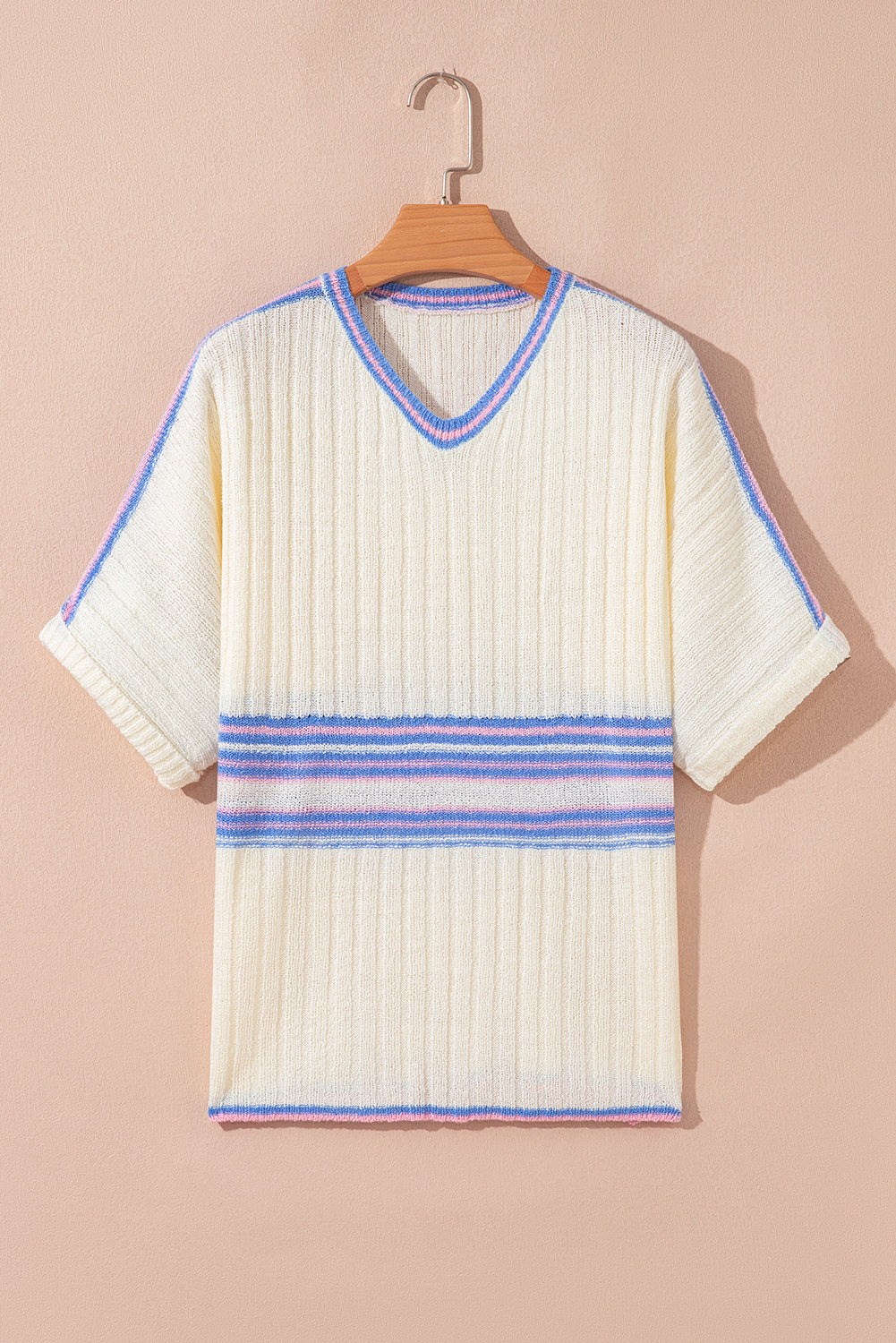 White Striped V Neck Dolman Sleeve Rib Knit Oversized Sweater with Slits
