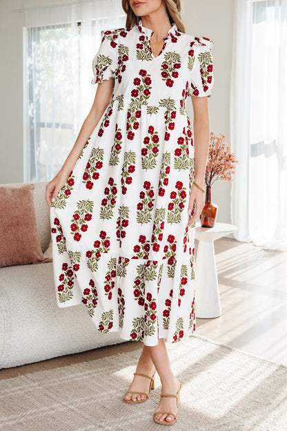 Beige Floral Short Bubble Sleeve Tiered Maxi Dress