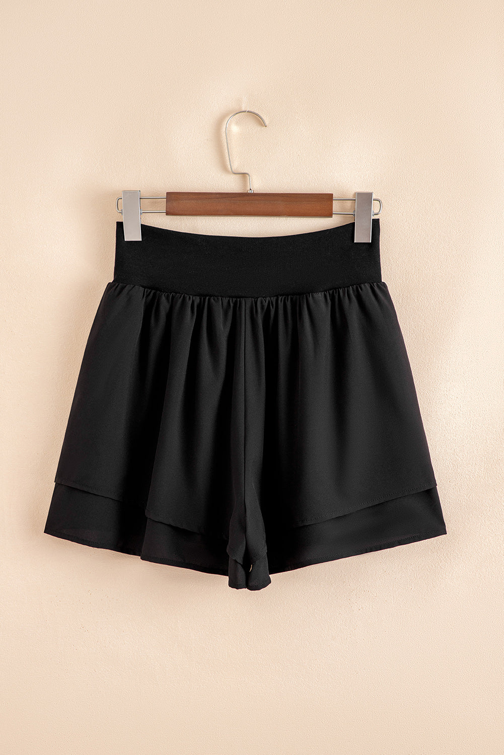 Black Crossed Waist Tiered Flowy Shorts