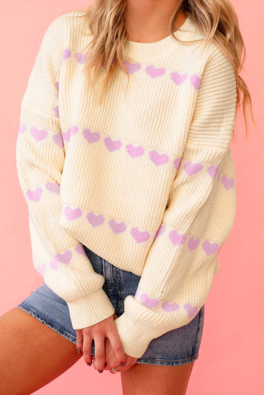 Pink Heart Pattern Valentine Ribbed Knit Sweater