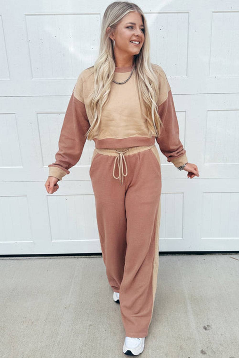 Khaki Color Block Long Sleeve Crop Top Drawstring Pant Set