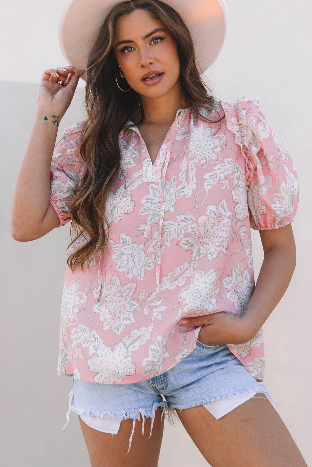 Pink Floral Print Drawstring V Neck Puff Sleeve Loose Blouse
