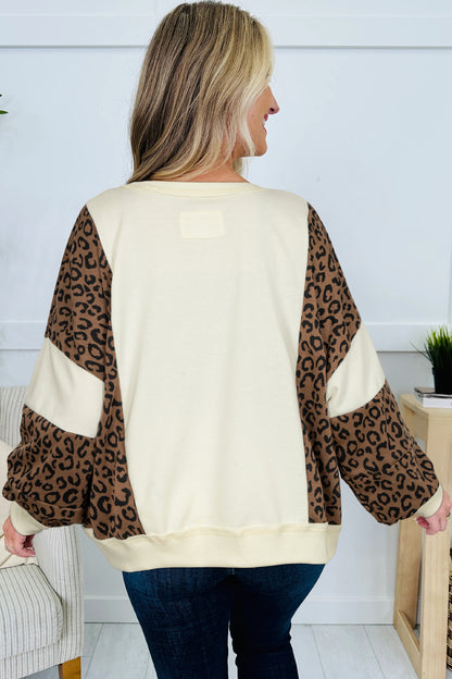 Beige Raw Seam Color Block Leopard Patchwork Baggy Long Sleeve Top