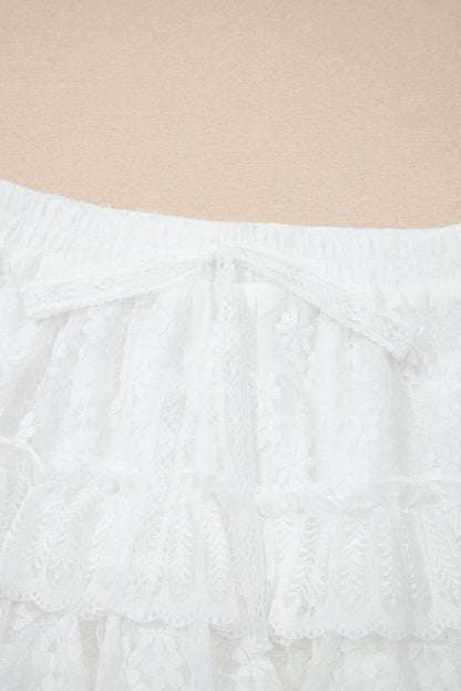 White Lace Ruffle Tiered Drawstring Elastic Waist Sweet Shorts