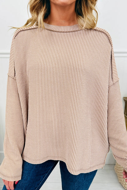 Dark Khaki Twist Ribbed Exposed Seam Detail Long Sleeve Loose Top