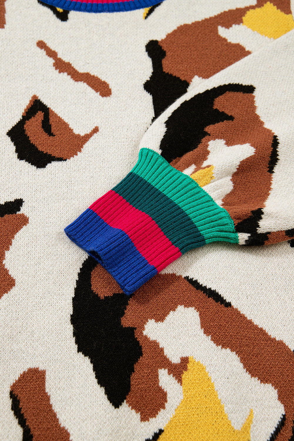 Apricot Contrast Ribbed Stripes Detail Animal Pattern Knit Sweater