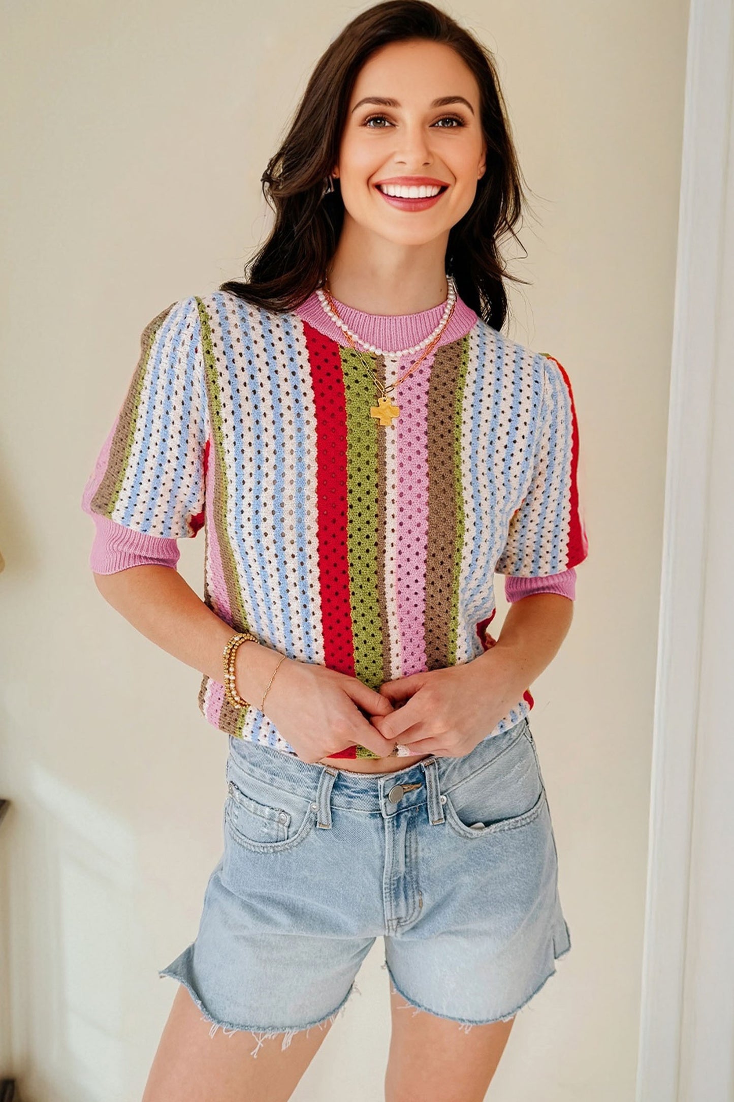 Multicolour Striped Pointelle Knit Short Sleeve Sweater