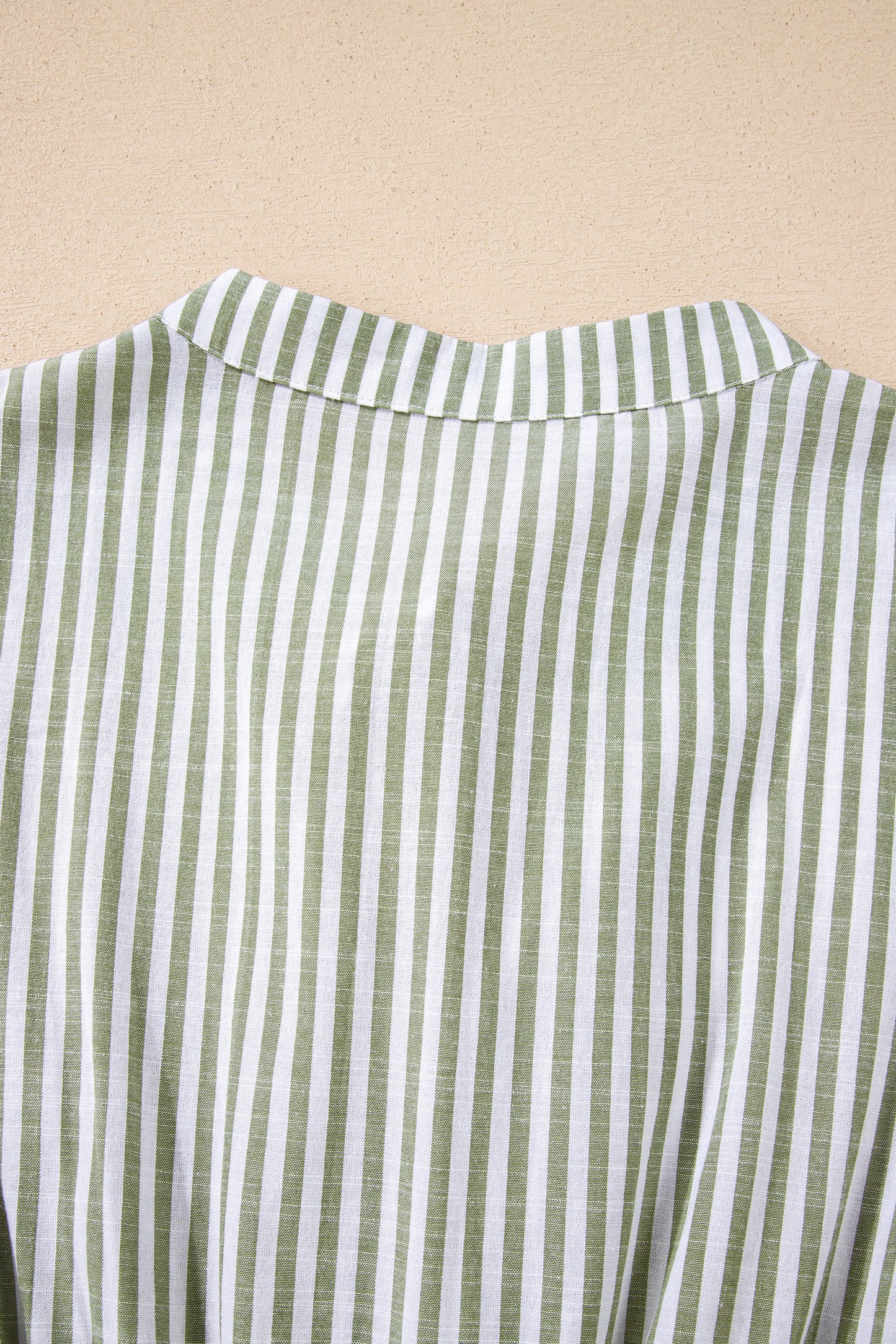 Green Stripe Tasseled Tie Neck Ruffled Short Sleeve Tiered Flattering Dress