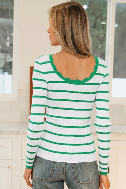 Bright Green Scalloped Trim U Neck Striped Ribbed Slim Sweater