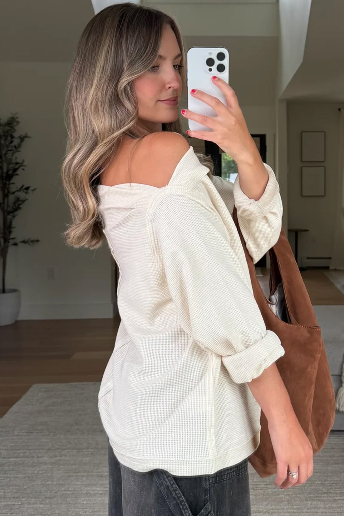 Old Rose Solid Color Waffle Knit Asymmetric Neck Long Sleeve Top