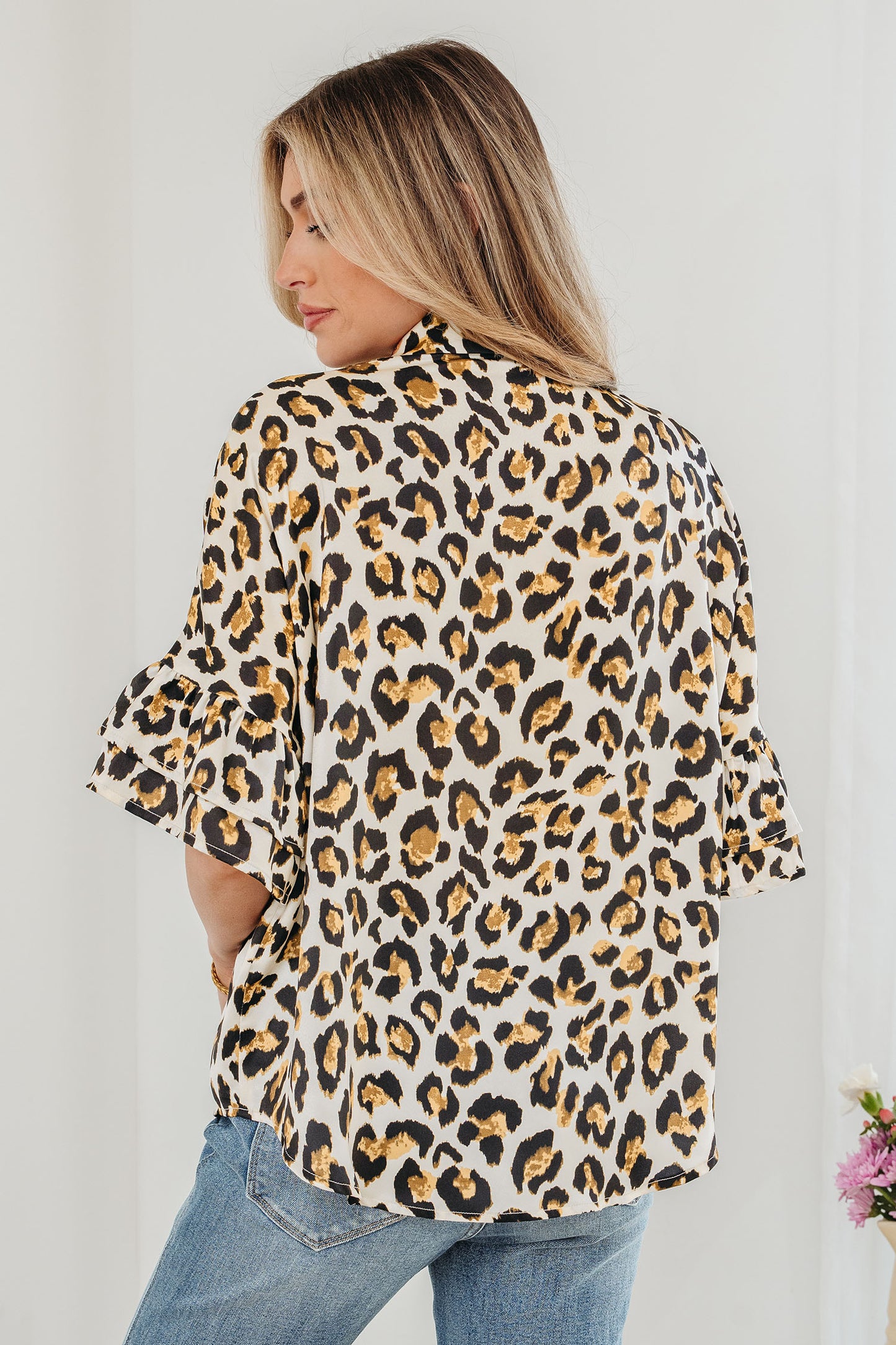 Khaki Leopard Print Ruffle Trim 3/4 Sleeve Loose Shirt