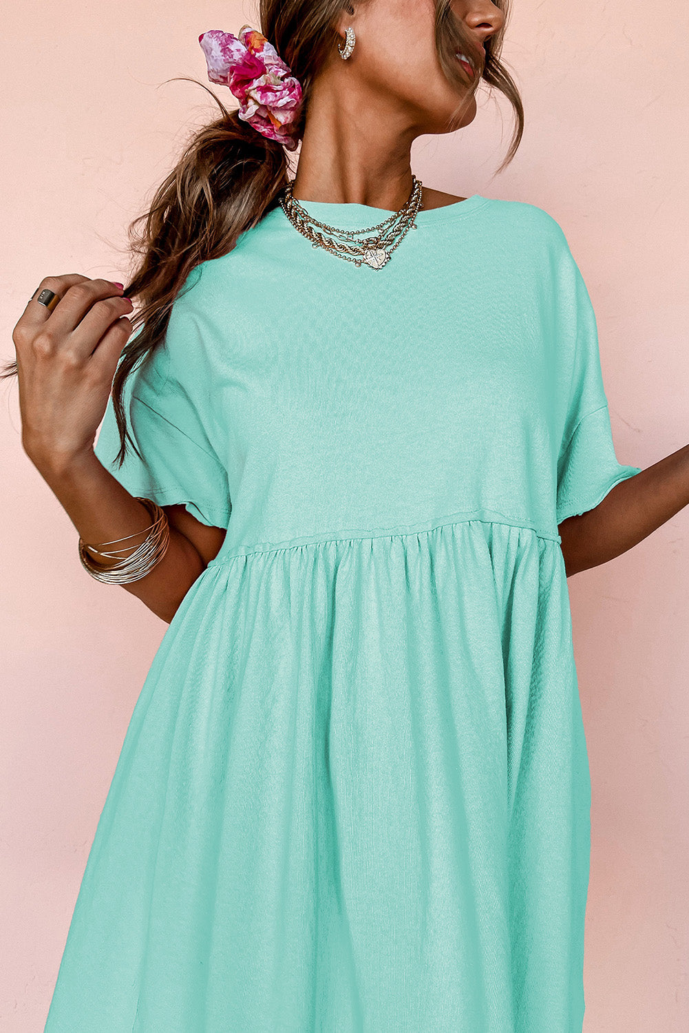 Moonlight Jade Solid Color Pocketed Raw Edge Babydoll Dress