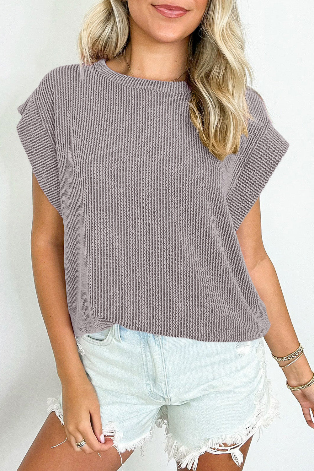Gray Twisted Rib Wide Sleeve Crew Neck T Shirt