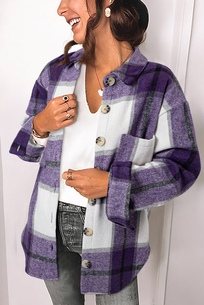 Gray Plaid Color Block Buttoned Long Sleeve Jacket with Pocket