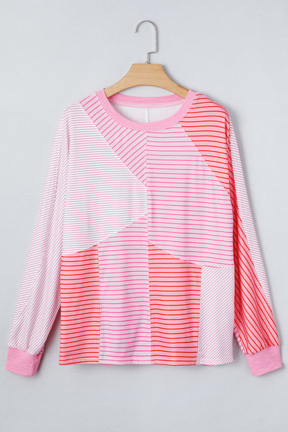 Sachet Pink Striped Colorblock Exposed Seam Casual Long Sleeve Top