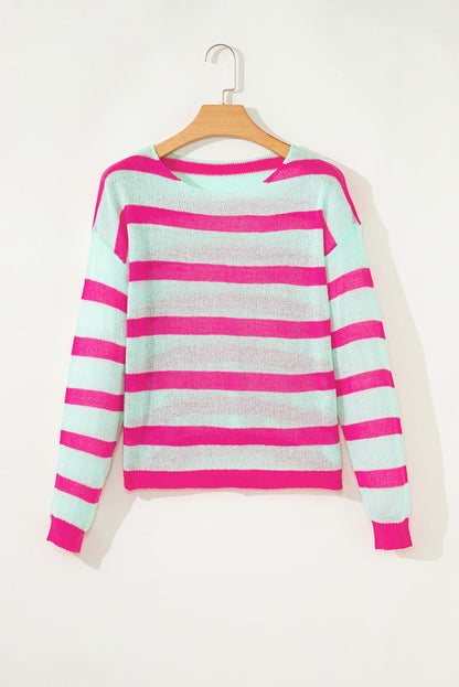 Green Stripe Round Neck Casual Sweater