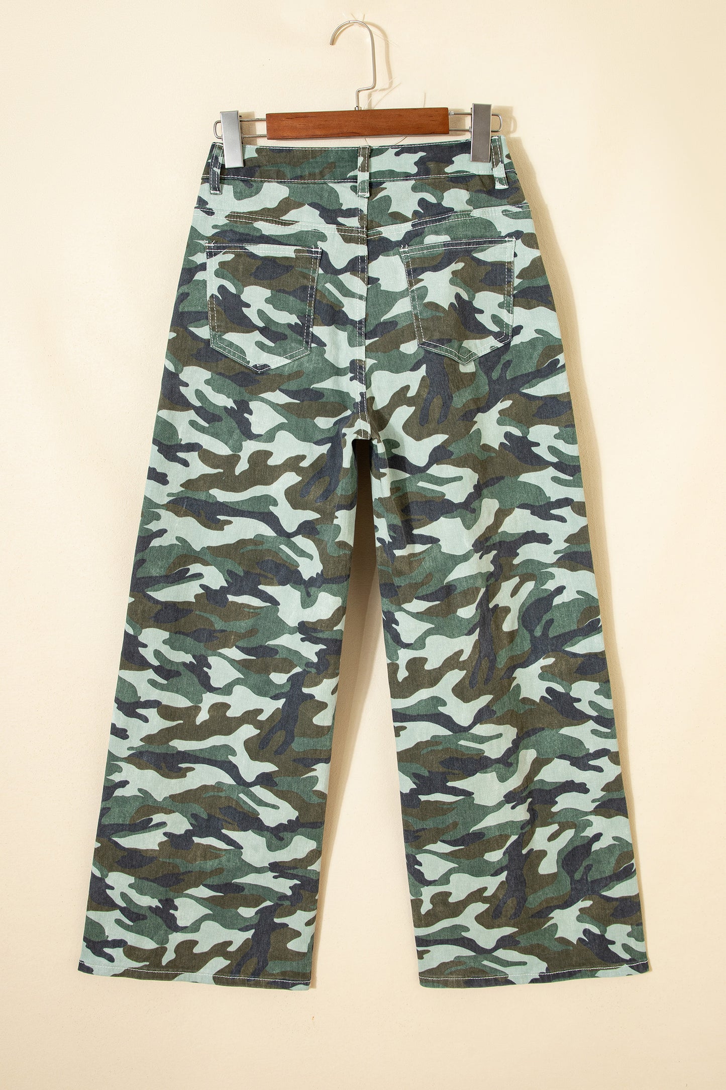 Green Camouflage Print Wide Leg Drawstring Denim Pants