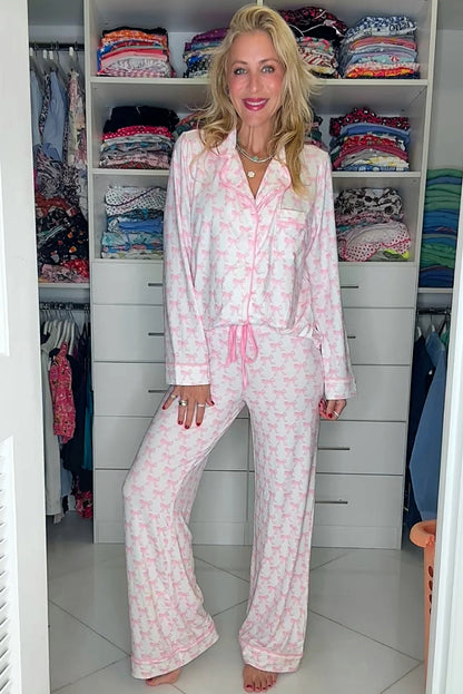 Sky Blue Bow Print Long Sleeve Shirt and Pants Soft Pajama Set