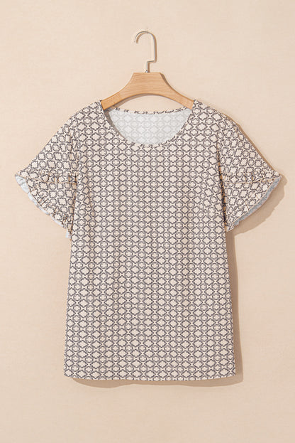 Khaki Plus Size Geometric Print Ruffled Sleeve Blouse