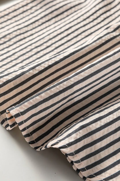 Black Stripe Knotted Cuff Long Sleeve V Neck Blouse