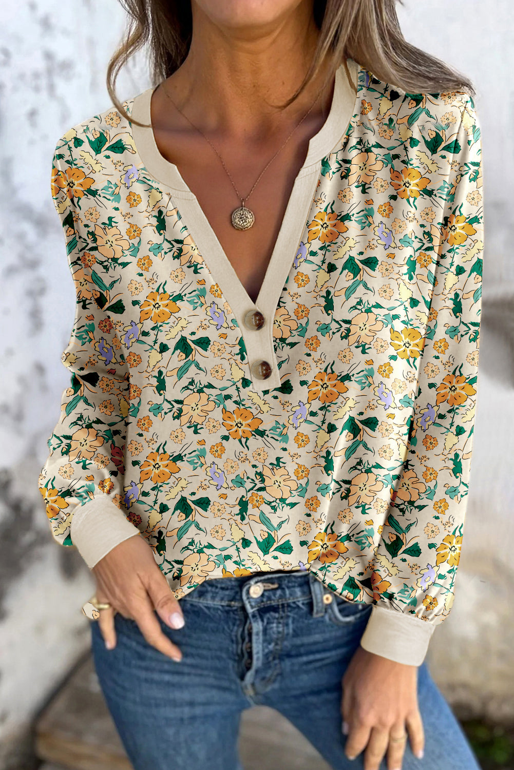 Khaki Floral Print Button Notched V Neck Long Sleeve Top