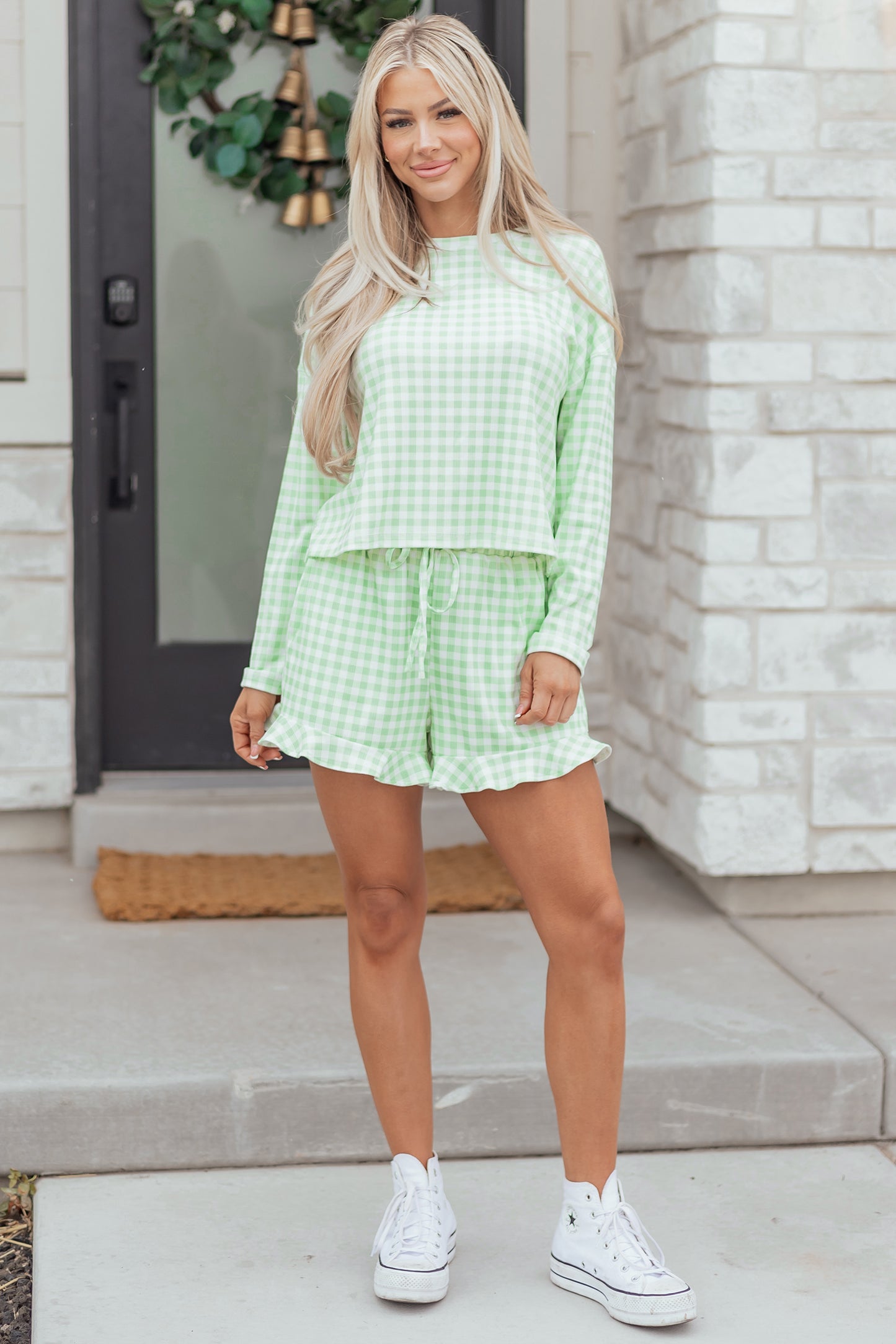 Green Gingham Long Sleeve Loose Top Drawstring Shorts 2pcs Lounge Set
