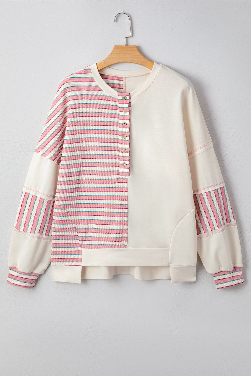 Pink Stripe Stitched Detail Color Block Patchwork Oversized Pullover Top