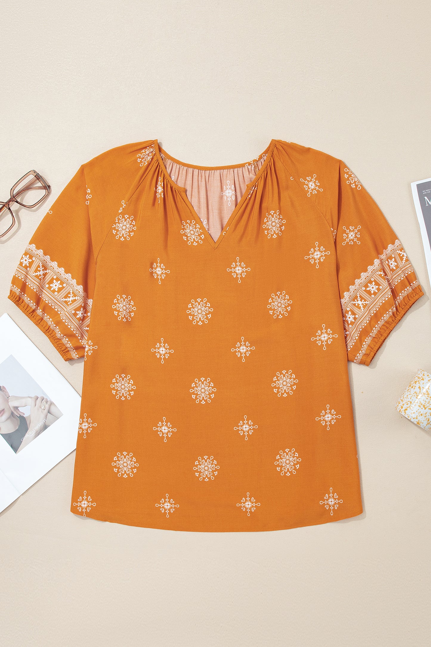 Black Boho Chic Notched V Neck Plus Floral Short Sleeve Top