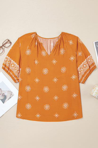 Black Boho Chic Notched V Neck Plus Floral Short Sleeve Top