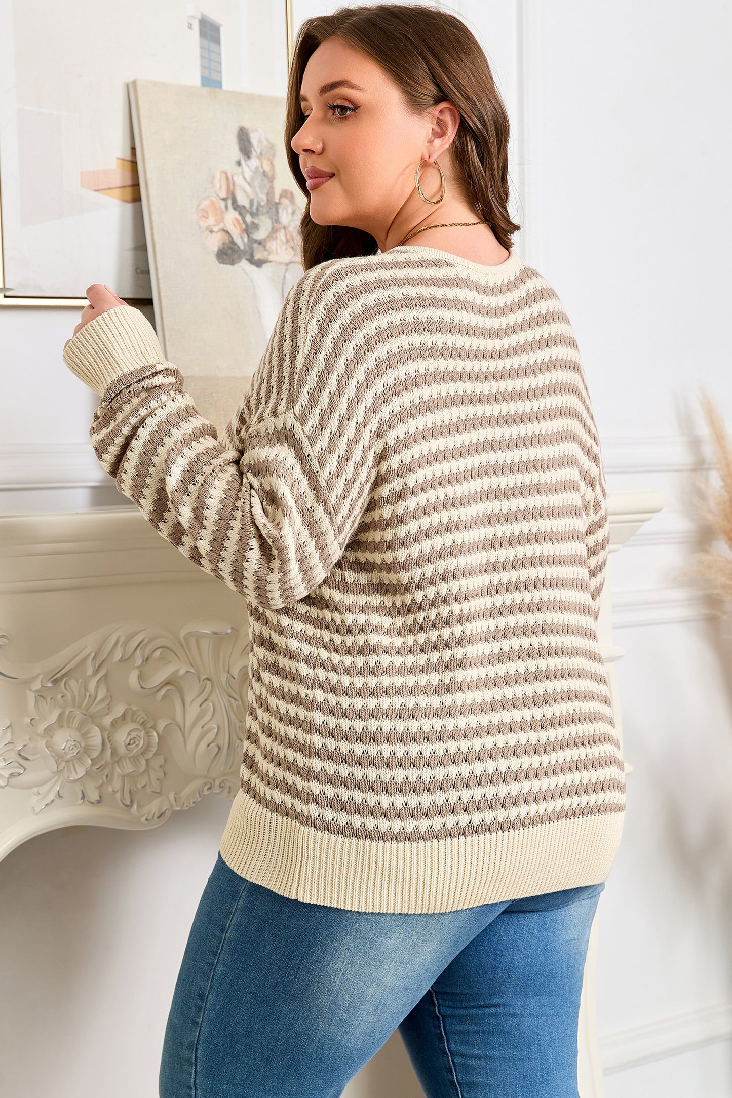 Khaki Stripe Plus Size V Neck Drop Shoulder Sweater