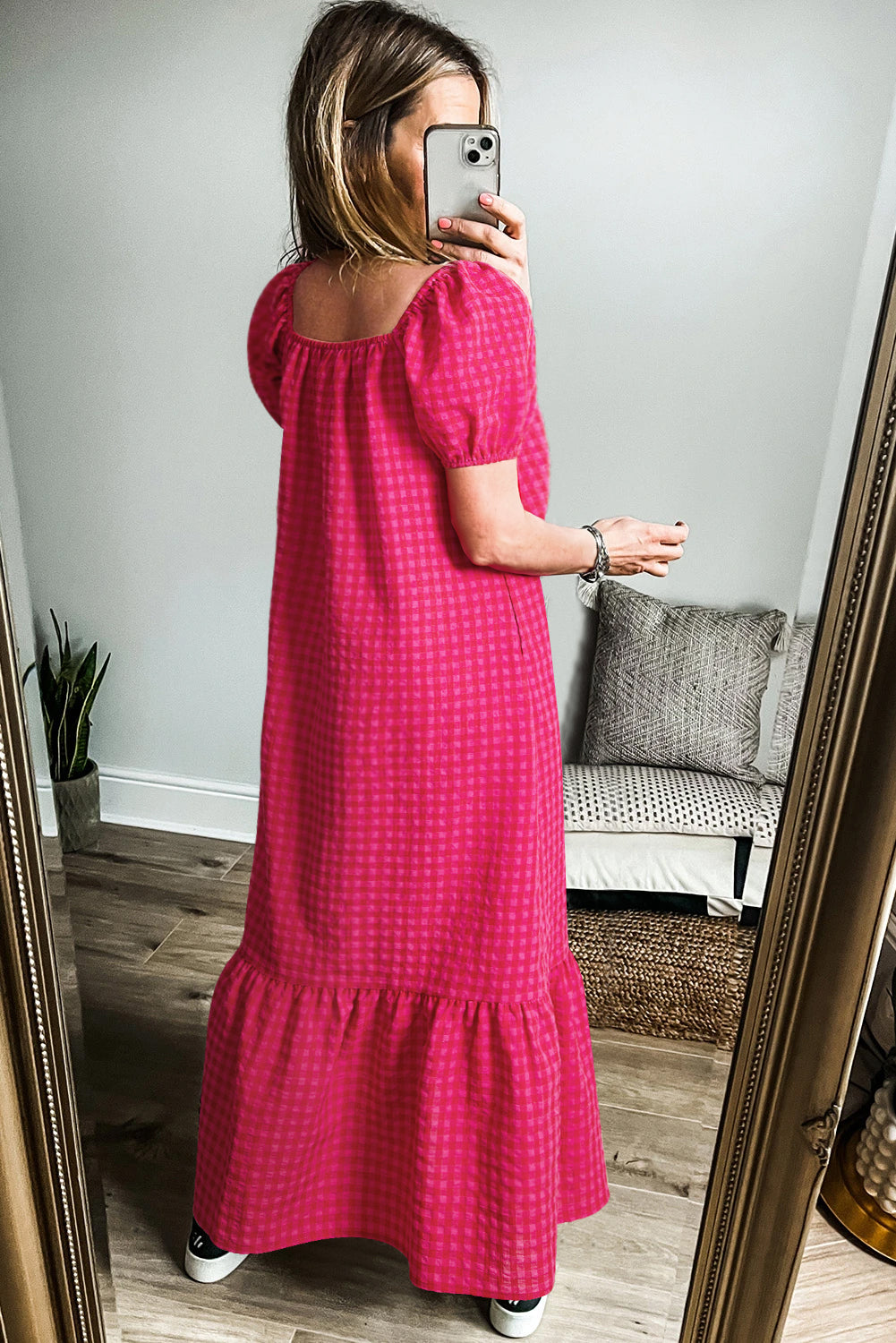 Rose Ginham Check Bubble Sleeve Ruffled Maxi Dress