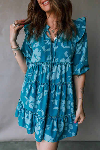 Blue Flower Half Sleeve Tiered Ruffled Mini Dress