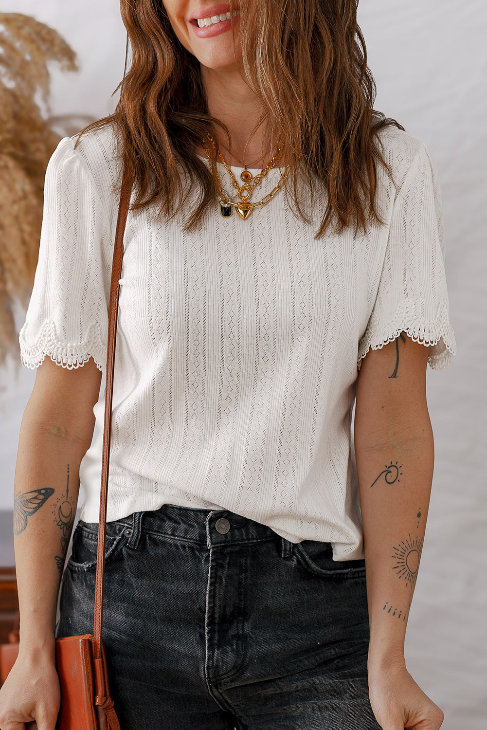 White Scalloped Lace Trim Jacquard Textured T Shirt