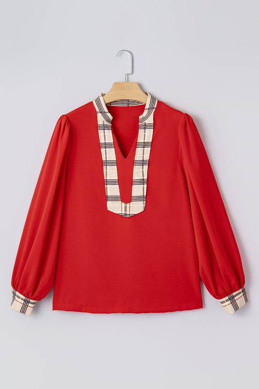 Racing Red Contrast Plaid Patchwork V Neck Long Sleeve Blouse