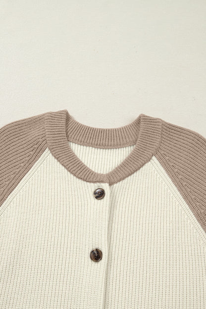 White Color Block Ribbed Knit Button Down Sweater Cardigan
