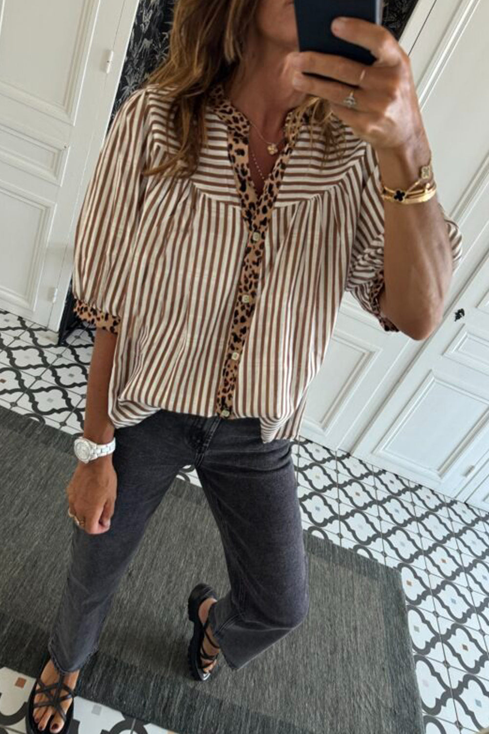 Brown Stripe Leopard Trim V Neck Button Down Half Sleeve Shirt