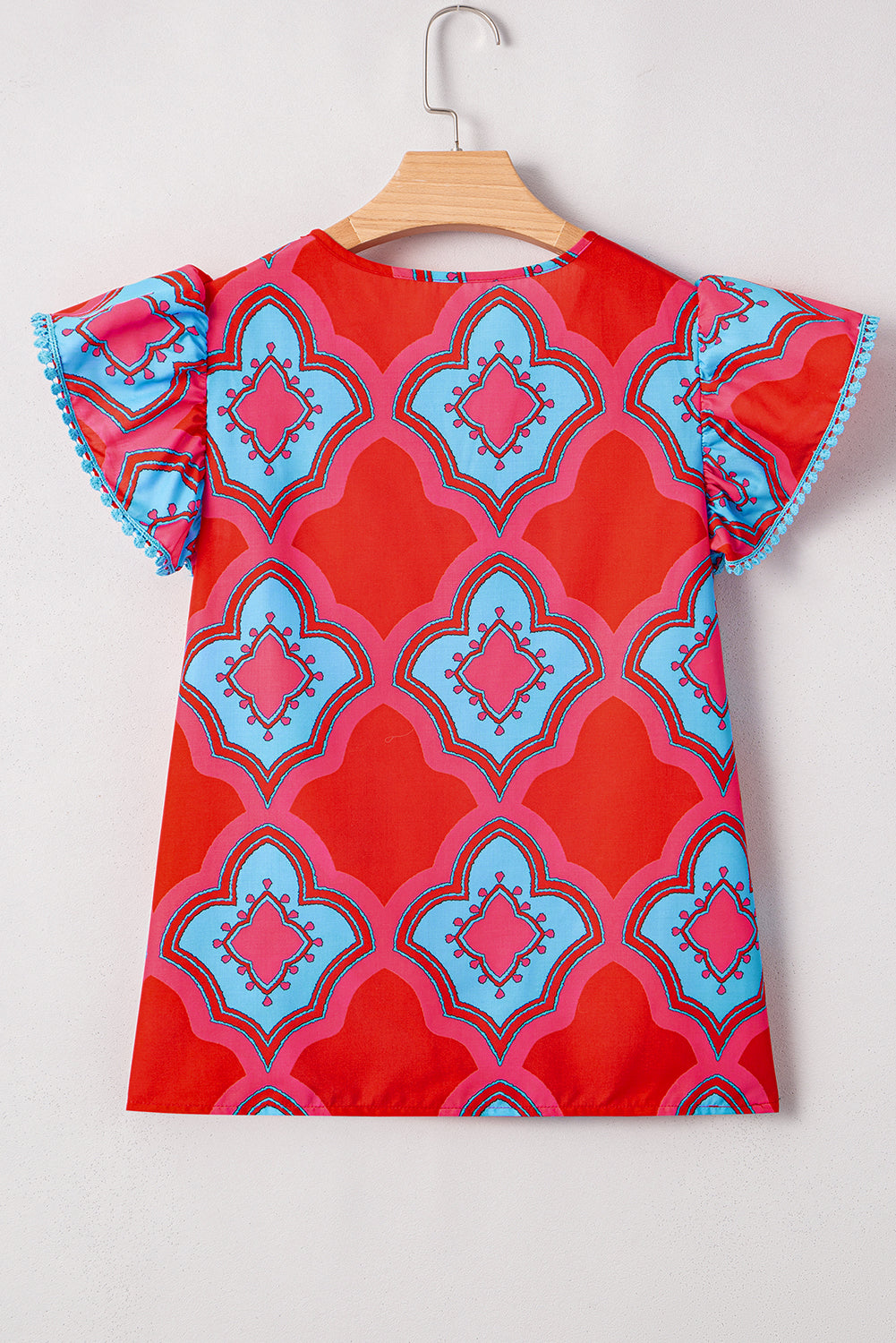 Red Abstract Floral Print Trimmed Flutter Sleeve Blouse