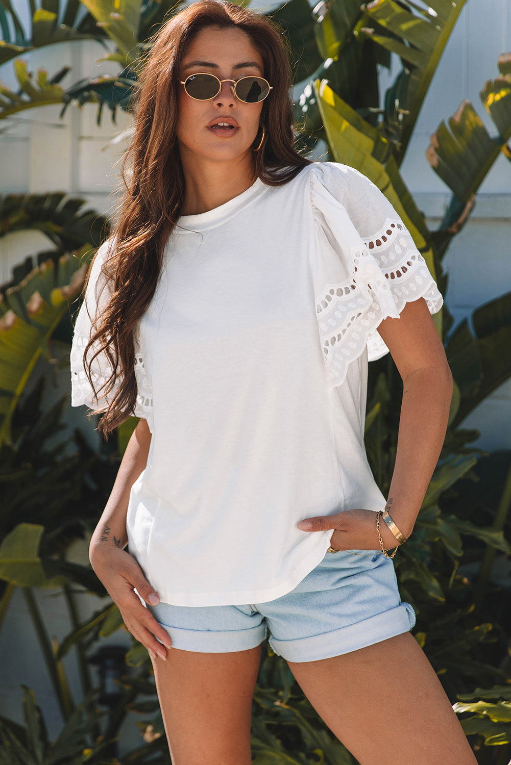 White Hollow Out Embroidered Short Sleeve O Neck Top