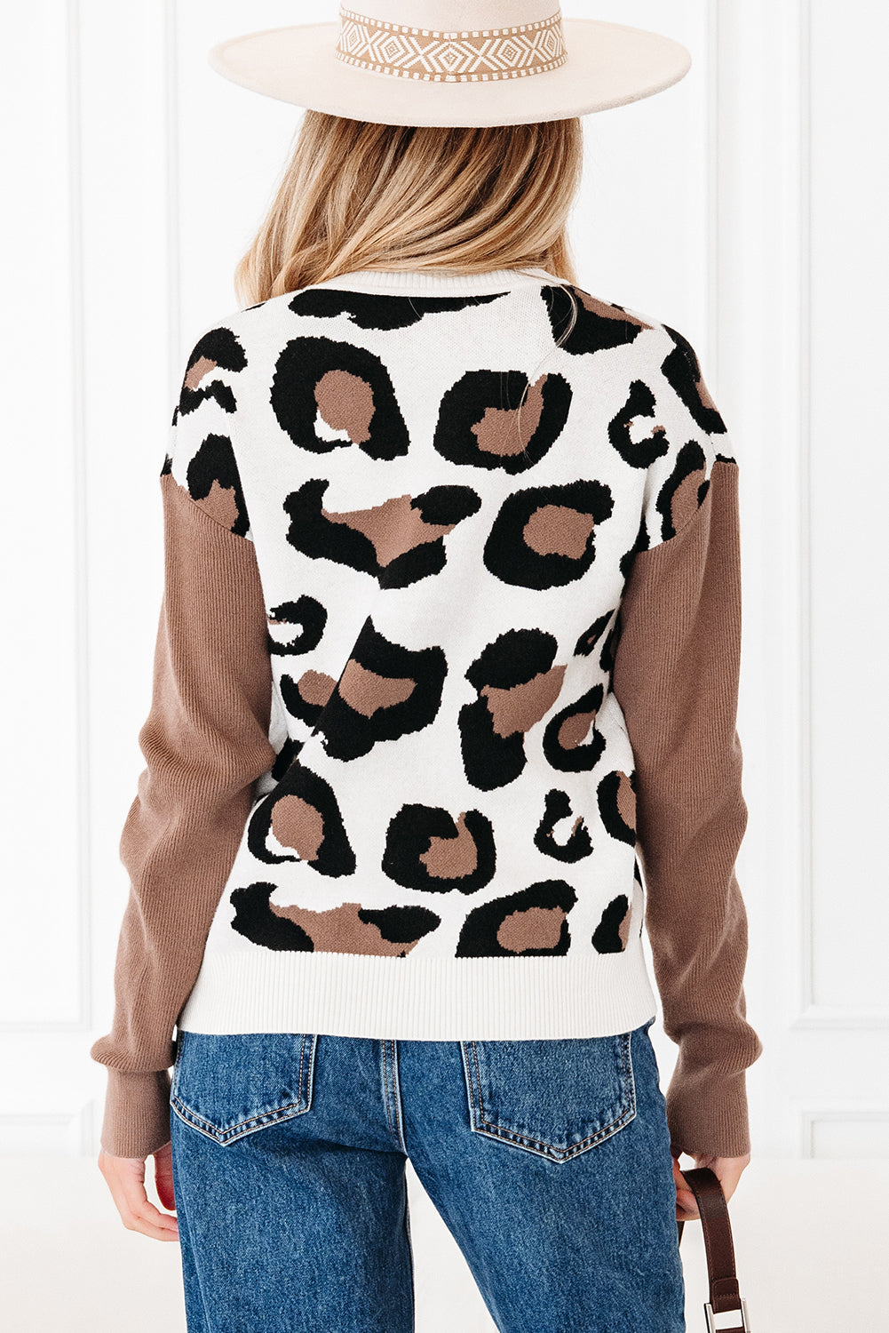 Jet Stream Leopard Print Color Block Patchwork Sleeve V Neck Sweater