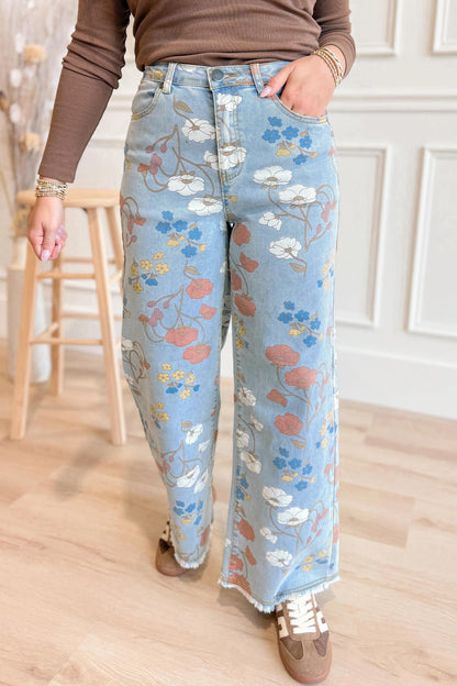 Sky Blue Floral Printed Raw Hem Shift Jeans