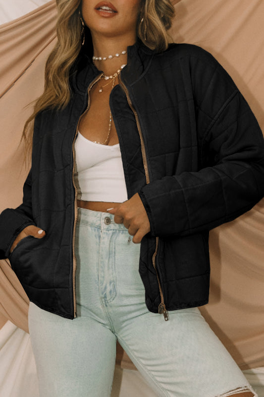Black Zip-Up Pocket Quilted Jacket