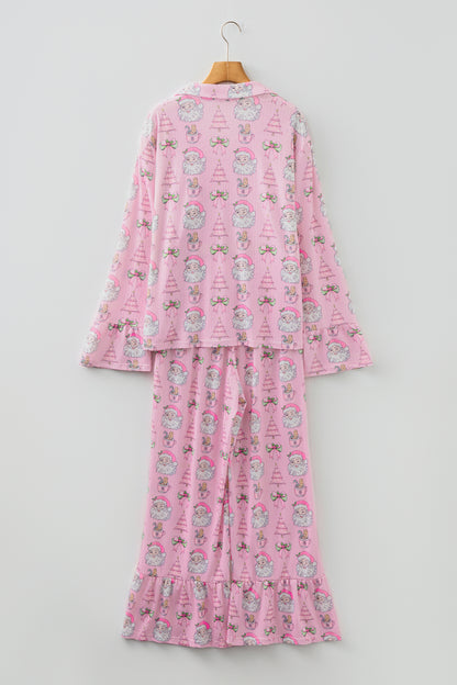 Pink Christmas Print Ruffled Ribbed Shirt & Pants 2 Piece PJ Set