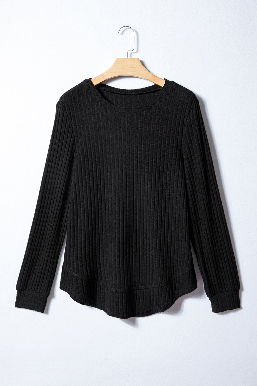 Jet Stream Ribbed Texture Round Neck Long Sleeve Rounded Hem Knit Top